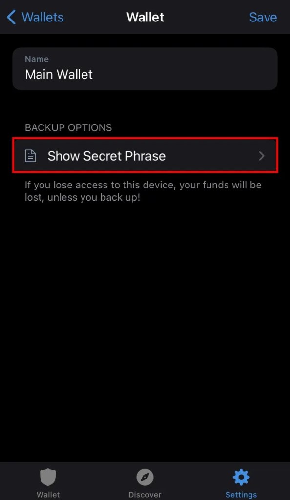 گزینه show secret phrase در تراست ولت