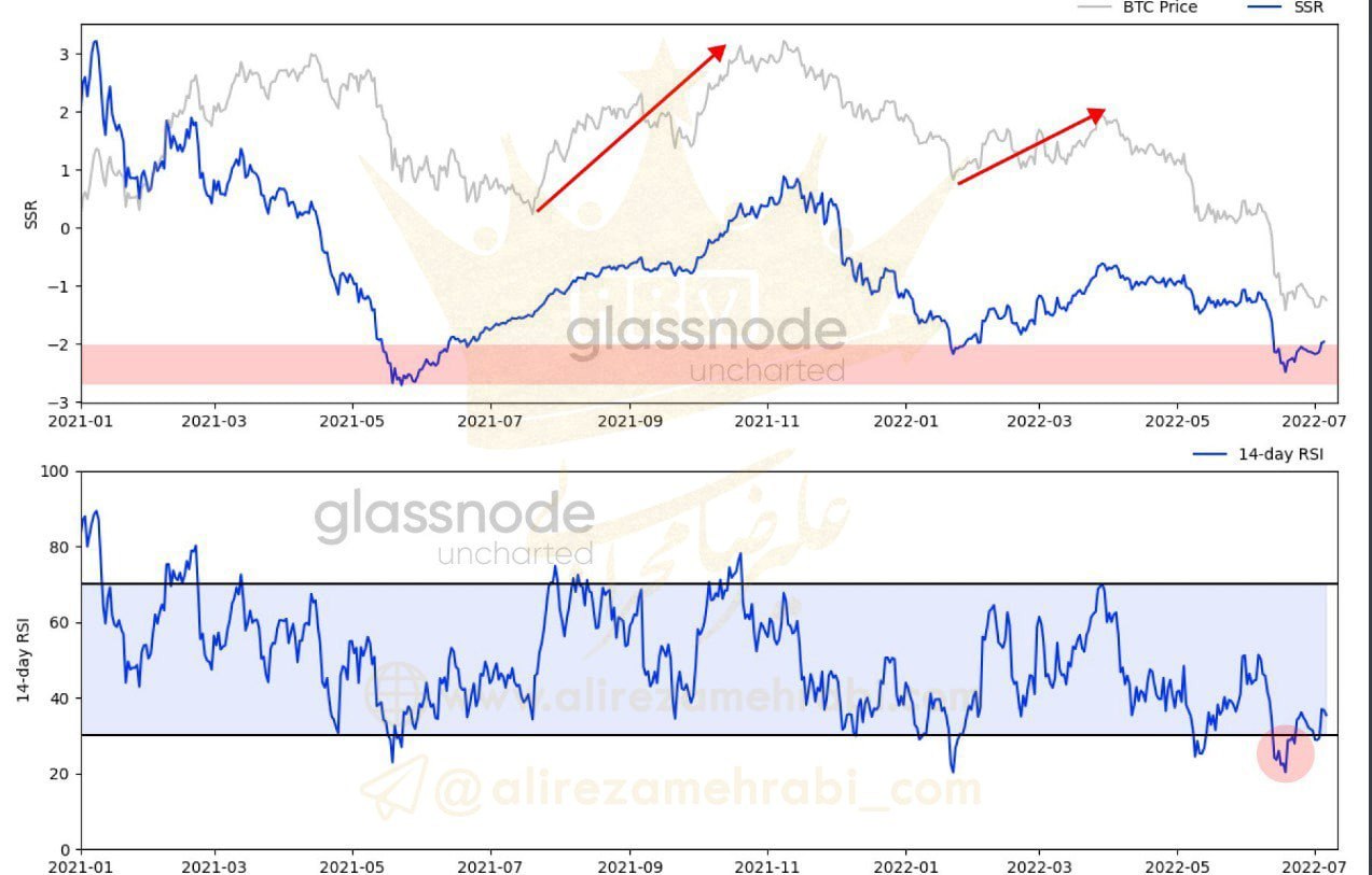  نسبت قیمت بیتکوین با معیار SSR رو میبینیم که به خرج شدن استیبل‌کوین‌ها میپردازه ، زمانی که کم میشه معناش اینه که از بیتکوین و آلتکوین‌ها به تتر تبدیل میشه و زمانی که افزایش پیدا میکنه به معنای خرج شدن و تبدیل شدن به بیتکوین و آلتکوین هاست  📉با توجه به این معیار و بررسی RSI میشه متوجه شد که بیتکوین Over sold شده و انتظار داریم که به مرور به تعادل برسه  🔚 همچنین استیبل‌کوین‌ها هم با توجه به رسیدن به سطوح حمایتی ، به مرور شروع به خرج شدن (تبدیل شدن به بیت و آلت) کنن