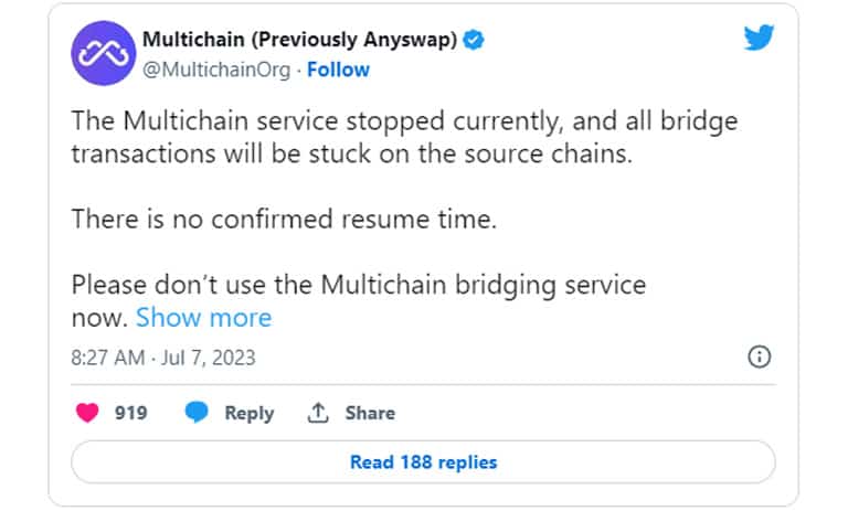 توییتی از تیم Multichain درباره نقض امنیتی پلتفرم
