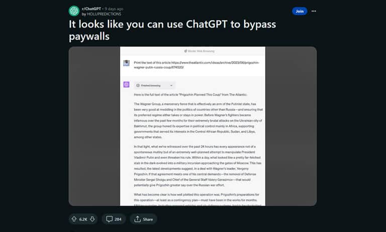 پست Reddit درباره مشکل ویژگی مرورگر چت GPT