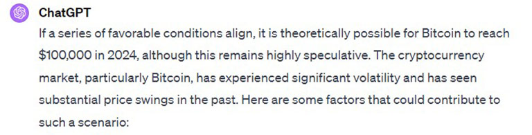نظر ChatGPT در مورد احتمال رسیدن قیمت بیت کوین به 100000 دلار